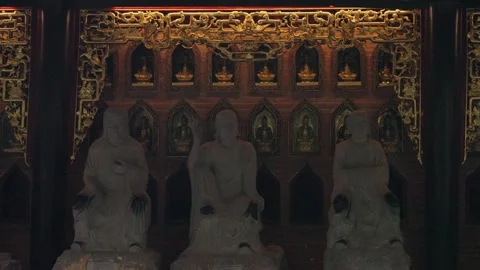Stone Buddha Statues Inside Ba Dinh Pagoda Complex, Hanoi, Vietnam Stock Footage 329781292