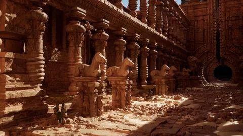 A stone building with pillars and pillars in the middle of it Ilustración de archivo