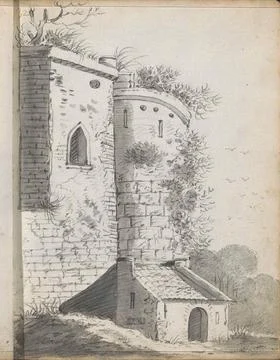 Stone building with semicircular tower. Leaf 32 Recto from a sketchbook wi... Fotos de archivo