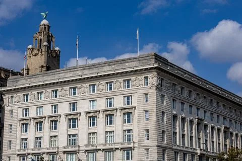 Stone Building with Tower and Flags  in Liverpool, UK. Stock Photos