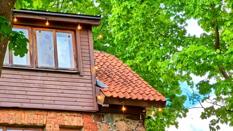 Stone Building with Wooden Cladding, Tiled Roof and String Lights Beneath Green Stock Footage 314478717