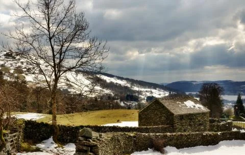 Stone built barn in winter Stock Photos