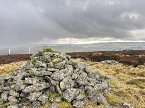 Stone cairn on summit of Clints Hill in Scottish Borders Stock Photos