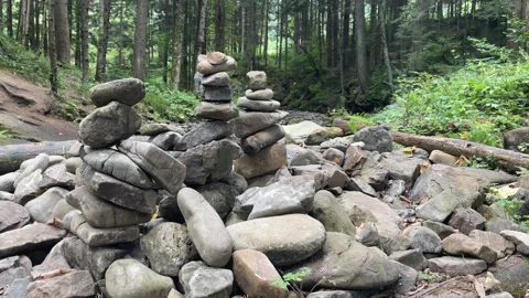 Stone cairns made of stacked rocks in the heart of wild forest with high trees Stock-Footage 319387535