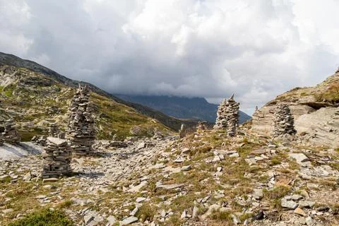 Stone Cairns on a Mountain Path Stock Photos