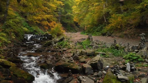 Stone Cairns. Mountain River In A Forest. National Park. Ukraine Stock Footage 105479975