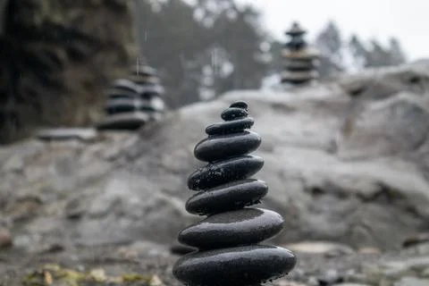 Stone Cairns on a Rainy Day at Ruby Beach Washington Stock Photos
