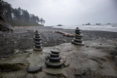 Stone Cairns on a Rainy Day at Ruby Beach Washington Stock Photos