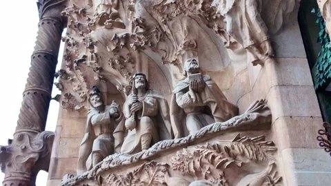 Stone Carved Statues on Nativity Facade of Sagrada Familia in Barcelona, Spain Stock Footage 342340988