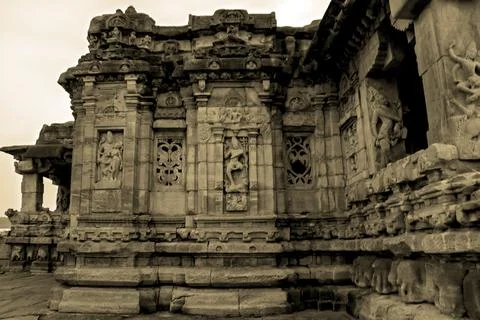 Stone carving at outer wall of Viruaksha temple Pattadakal Stock Photos