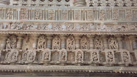 Stone carvings of patterns and deities on Belur temple in Karnataka, India. Stock Footage 247782094