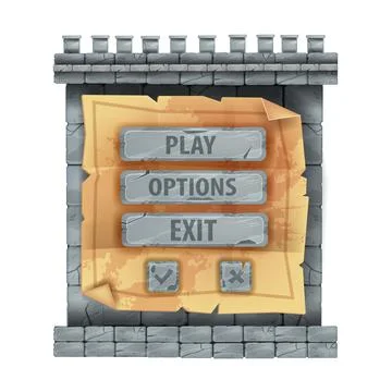 Stone castle game interface menu sign board, cracked rock button 스톡 일러스트