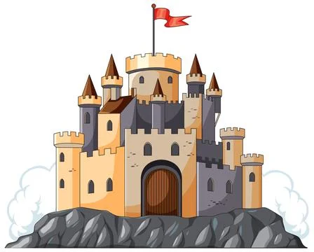 Stone Castle with Red Flag on Rocky Hilltop Stock Illustration