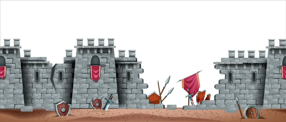 Stone castle vector wall seamless background, battlefield game illustration Ilustración de archivo
