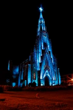 Stone cathedral city Canela / Gramado with blue illumination, RS - BR Stock Photos