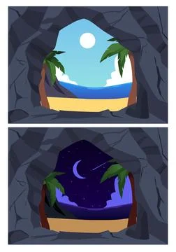 Stone cave or grotto, beach landscape at day and at night, cartoon flat vector Stock Illustration