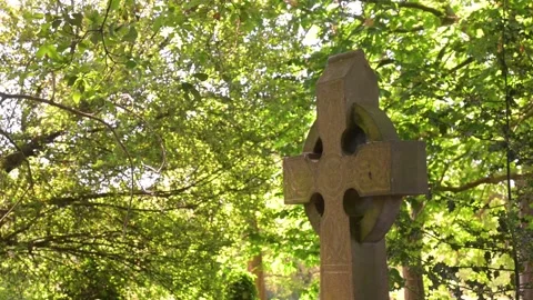 Stone celtic cross monument standing in tranquil graveyard setting with lus.. Stock Footage 337749481