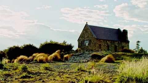 Stone chapel on top of hill Stock Footage 196204566
