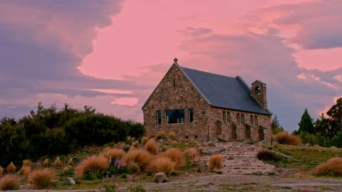 Stone chapel with vivid sky above Stock Footage 196201093