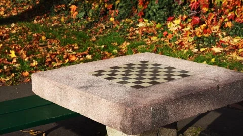 Stone chess table in city park surrounded by autumn leaves, empty outdoor Stock Footage 320249405