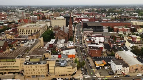 Stone Church Tower Rising Over Downtown Paterson New Jersey Vídeo Stock 95960512
