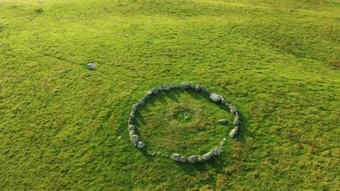  Stone Circle Drone Clip Circling Sun and Shadows, Moel Ty Uchaf 4K, Wales Stock Footage 171849331