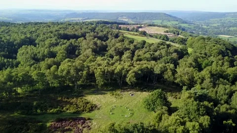 Stone Circle Drone Clip, Nine Ladies Circle with Forest, Derbyshire, UK, 2K Stock Footage 172280315