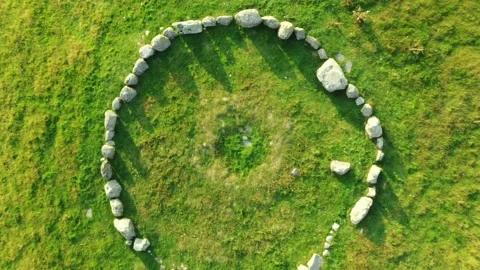  Stone Circle Drone Clip Overhead Rising, Moel Ty Uchaf 4K, Wales Stock Footage 171851582