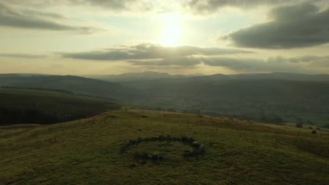 Stone Circle Drone Clip in Welsh Mountains, Moel Ty Uchaf at Sunset 4K Stock Footage 171846501