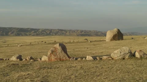 Stone Circle with Large Rocks in Kazakhstan Steppe Stock Footage 333952401