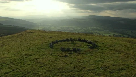 Stone Circle Stunning Drone Clip Circling Sunny, Moel Ty Uchaf, Wales, 4K Stock Footage 171850034