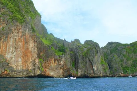 Stone cliffs on the coast of Phi Phi islands, Thailand. Stock Photos