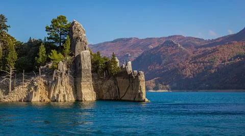 Stone cliffs at Oymapinar Dam in Green Canyon in Turkey Stock Photos
