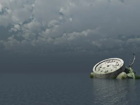 Stone clock at the ocean - 3d illustration Illustrazione stock