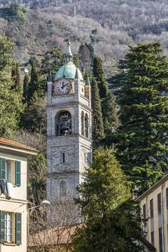 The stone clock tower of Bellano Stock Photos