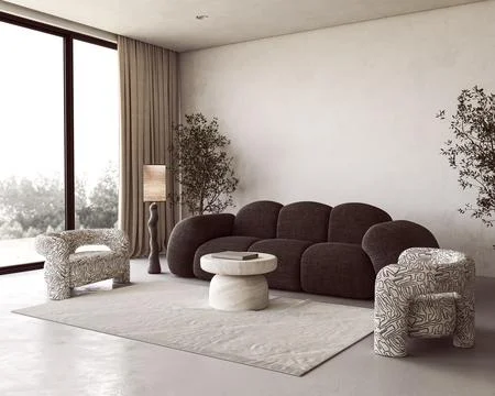 Stone coffee table and patterned chairs in a minimalism scandinavian living Ilustración de archivo