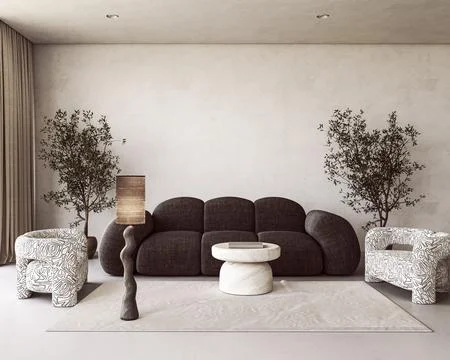 Stone coffee table and patterned chairs in a japandi living room mockup with Illustrazione stock