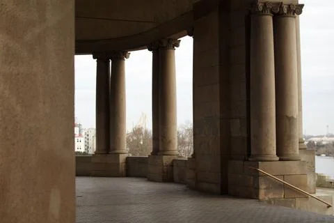 Stone colonnade overlooking the river Stock Photos