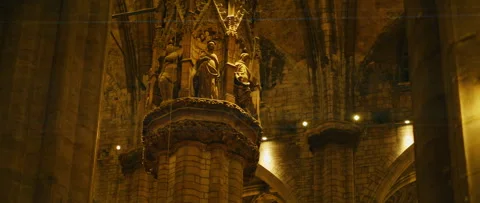 Stone column and statue detail of exterior Milan Cathedral at night Video stock 320533918