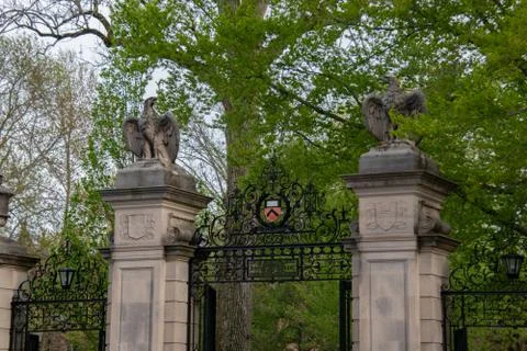 Stone column with eagle sculptures and wrought iron gate at the entrance to P Stock Photos