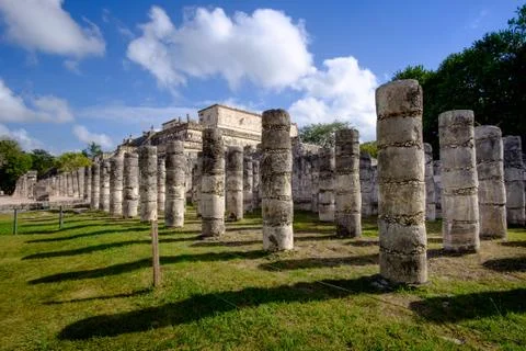 Stone columns and pilars in famous archeological site Chichen Itza Stock Photos