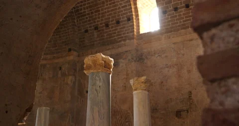 Stone columns in the main hall of the ancient Orthodox Church of St. Nicholas Stock Footage 232241109