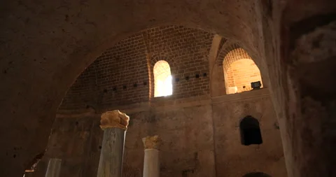 Stone columns in the main hall of the ancient Orthodox Church of St. Nicholas Stock Footage 236859280