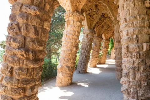 Stone columns of Park Guell Stock Photos