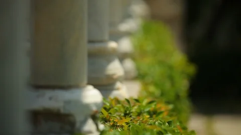 Stone columns in a row by green bushes. Focus pull Stock Footage 111590497
