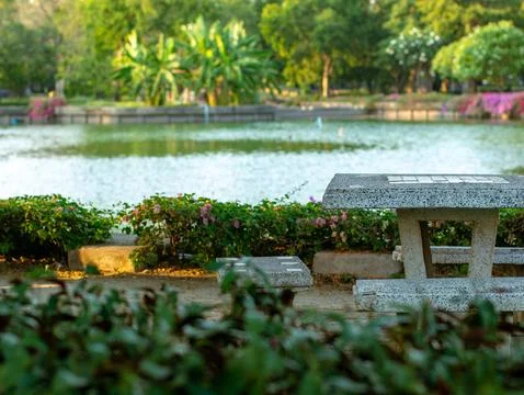 Stone concrete terrazzo table and bench set in a public park beside a green.. 스톡 사진