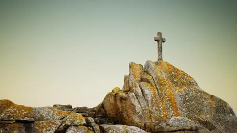 Stone cross on the rock Beg Ar Groas Stock Footage 140649470