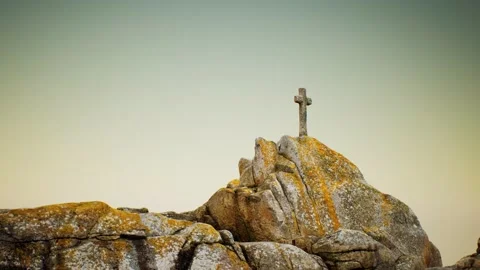 Stone cross on the rock Beg Ar Groas Stock Footage 142062026