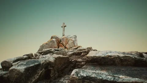 Stone cross on the rock Beg Ar Groas Video stock 142523243
