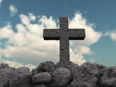 Stone cross under cloudy sky - 3d illustration Stock Illustration